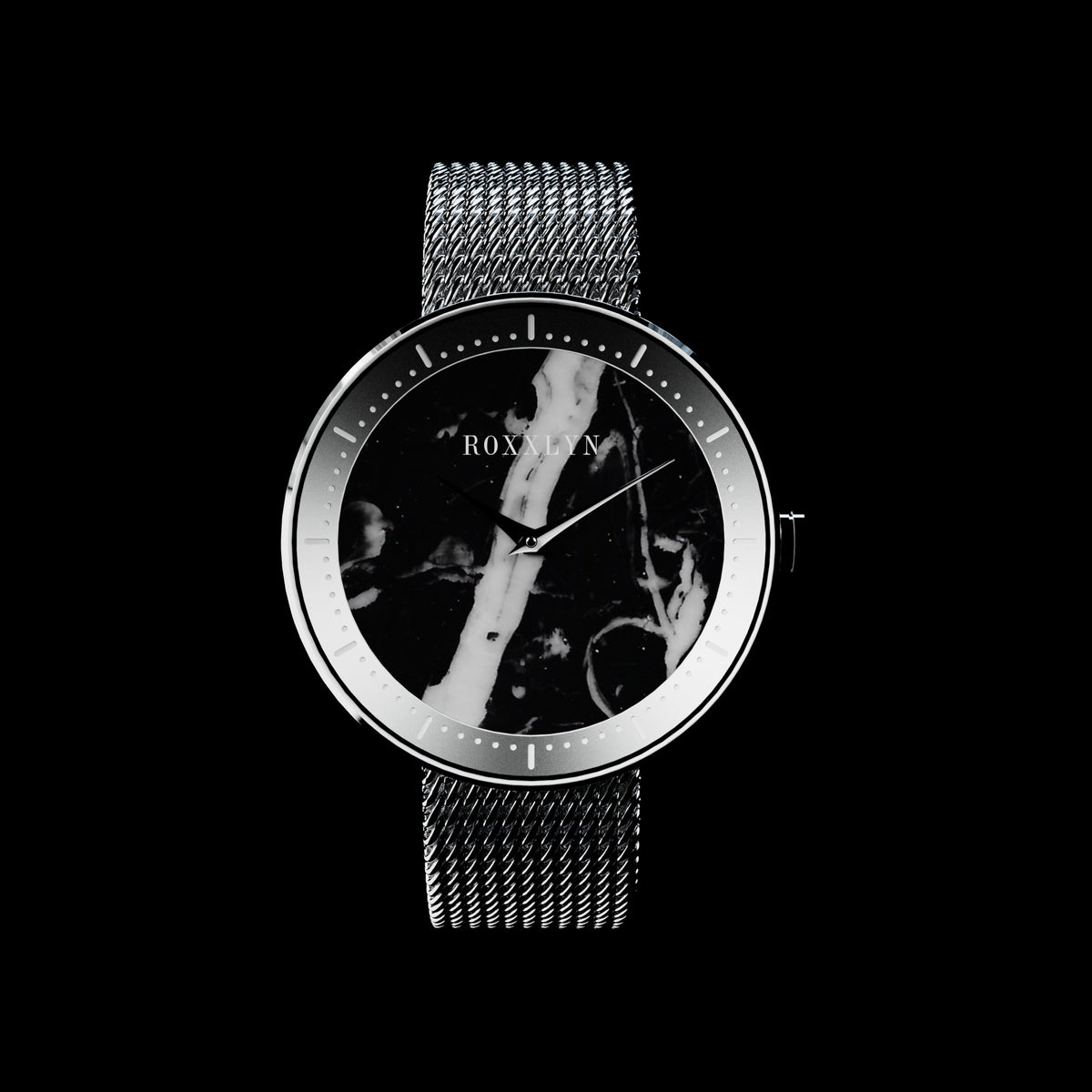 ROXXLYN Marble Watch with Nero Marquina dial and silver Milanese strap, dial seen from the front