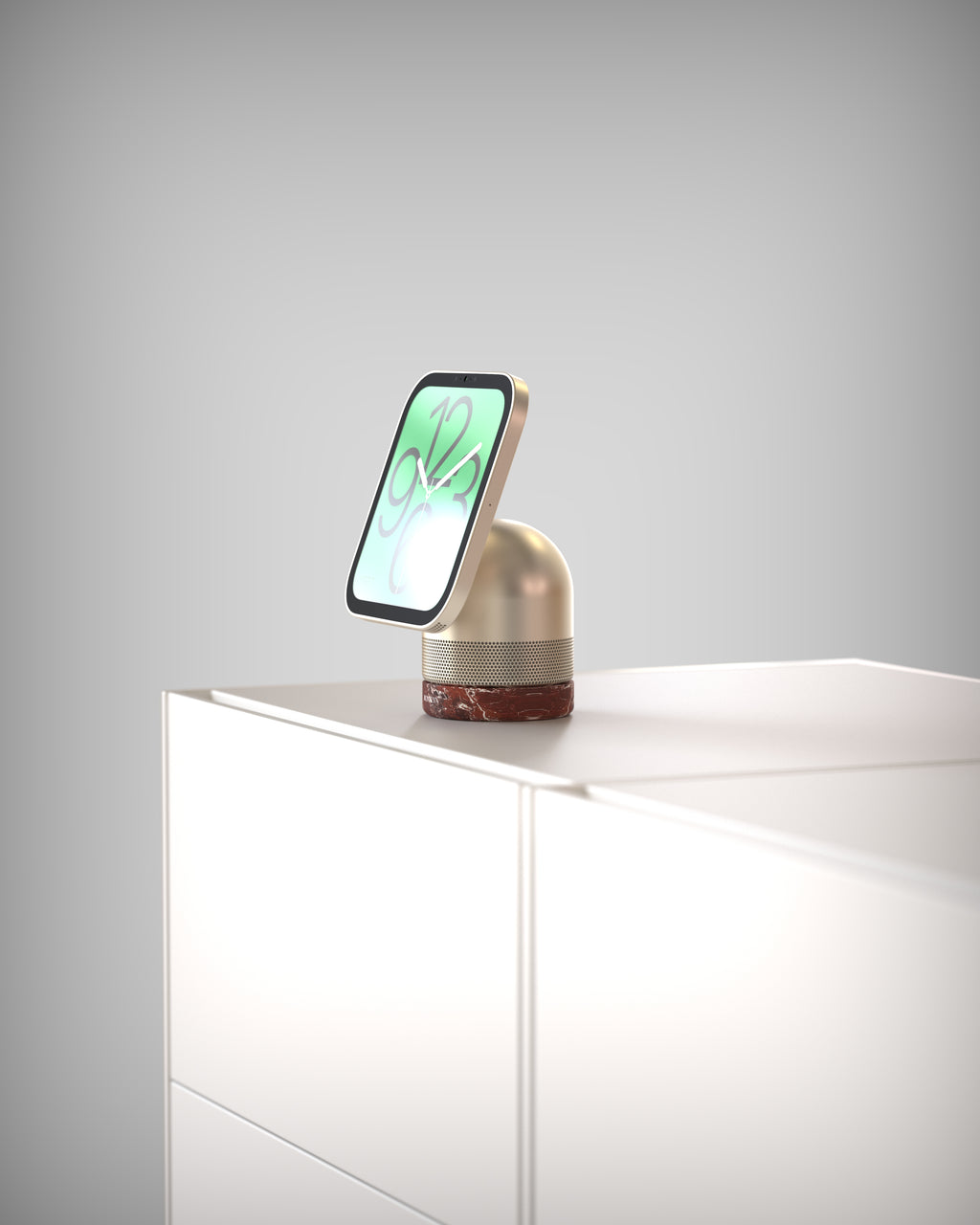 Apple HomeView auf der Marble Base · Rosso Levanto in der Seitenansicht auf einem weißen Sideboard