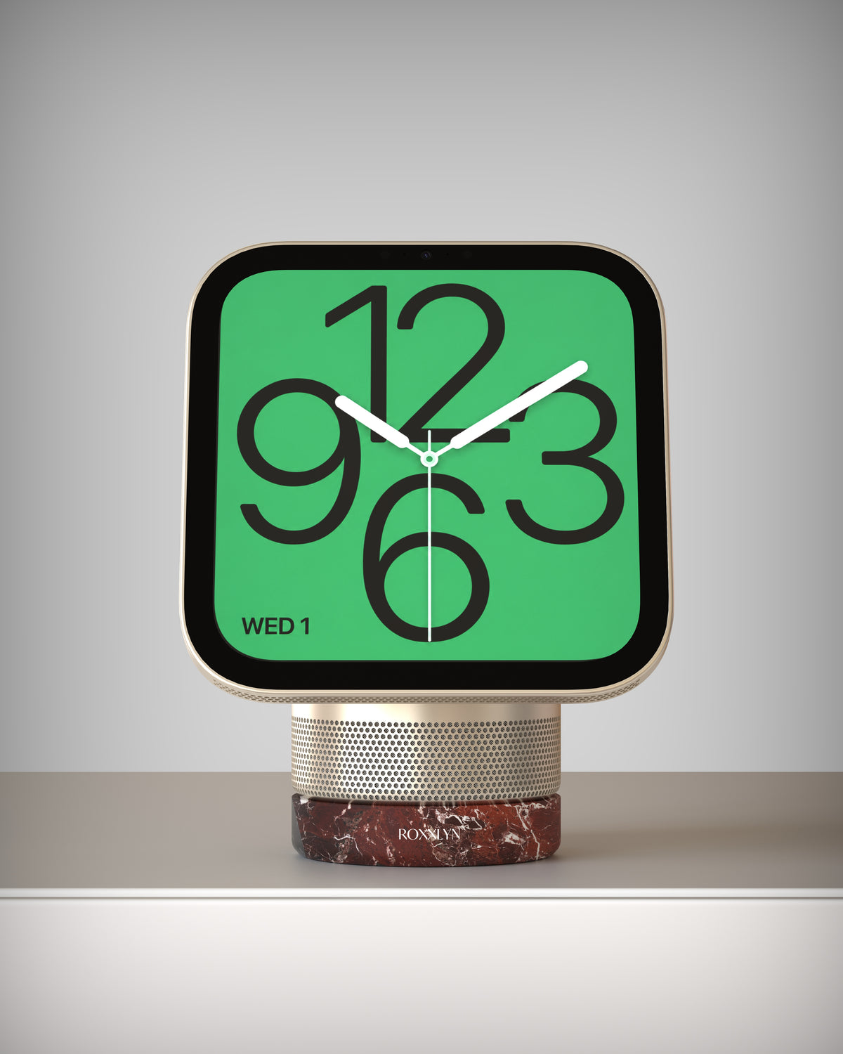 Marble Base aus Rosso Levanto unter einem Apple HomeView, Ansicht von vorn