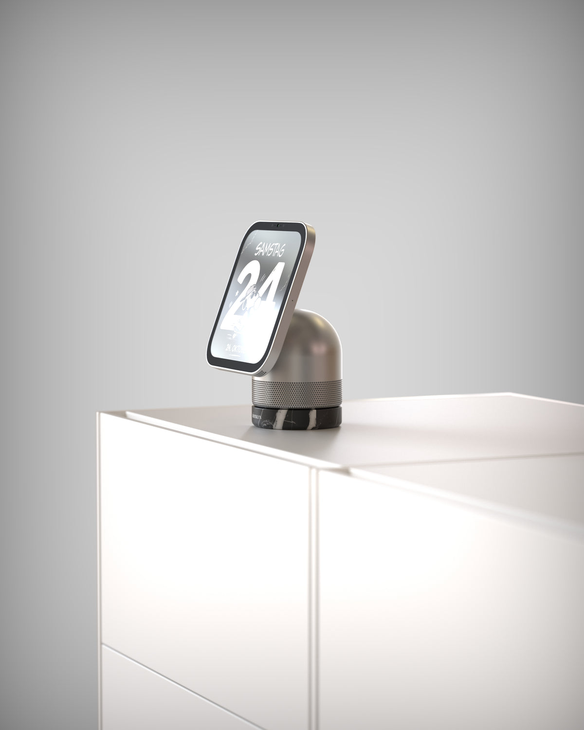 Apple HomeView auf der Marble Base · Nero Marquina in der Seitenansicht auf einem weißen Sideboard