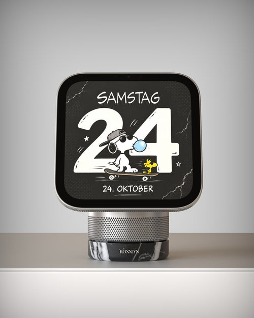 Marble Base aus Nero Marquina unter einem Apple HomeView, Ansicht von vorn