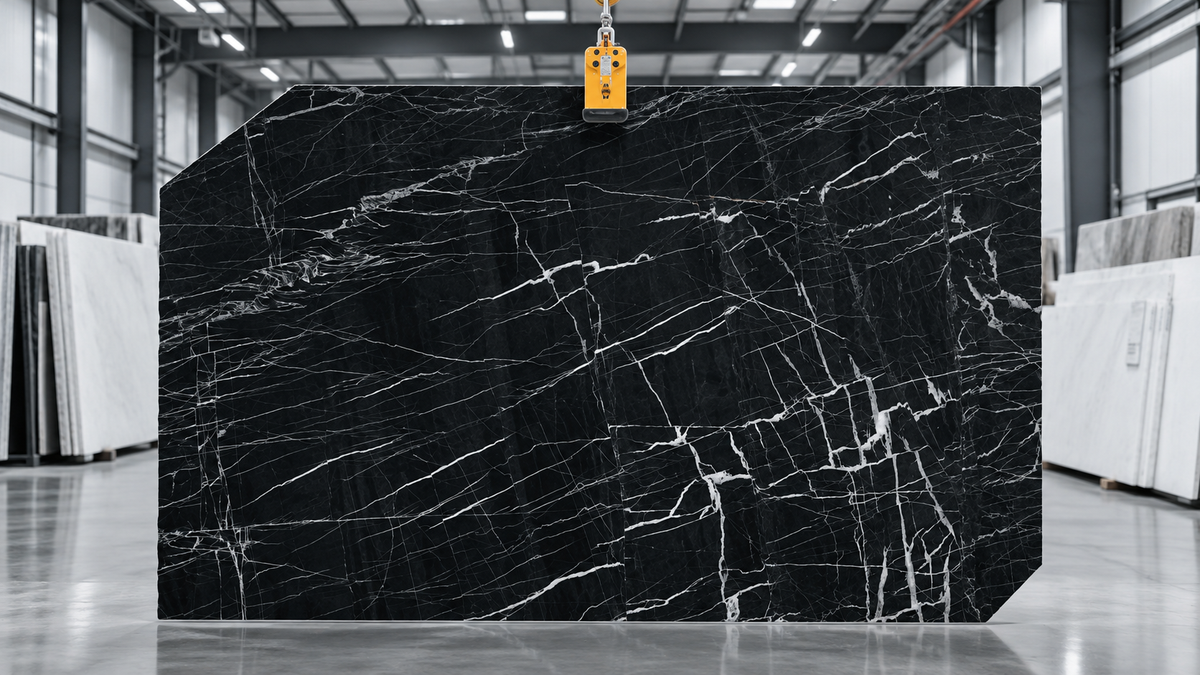 Quartzite Black Venom en grande tranche brute dans le hall de pierre