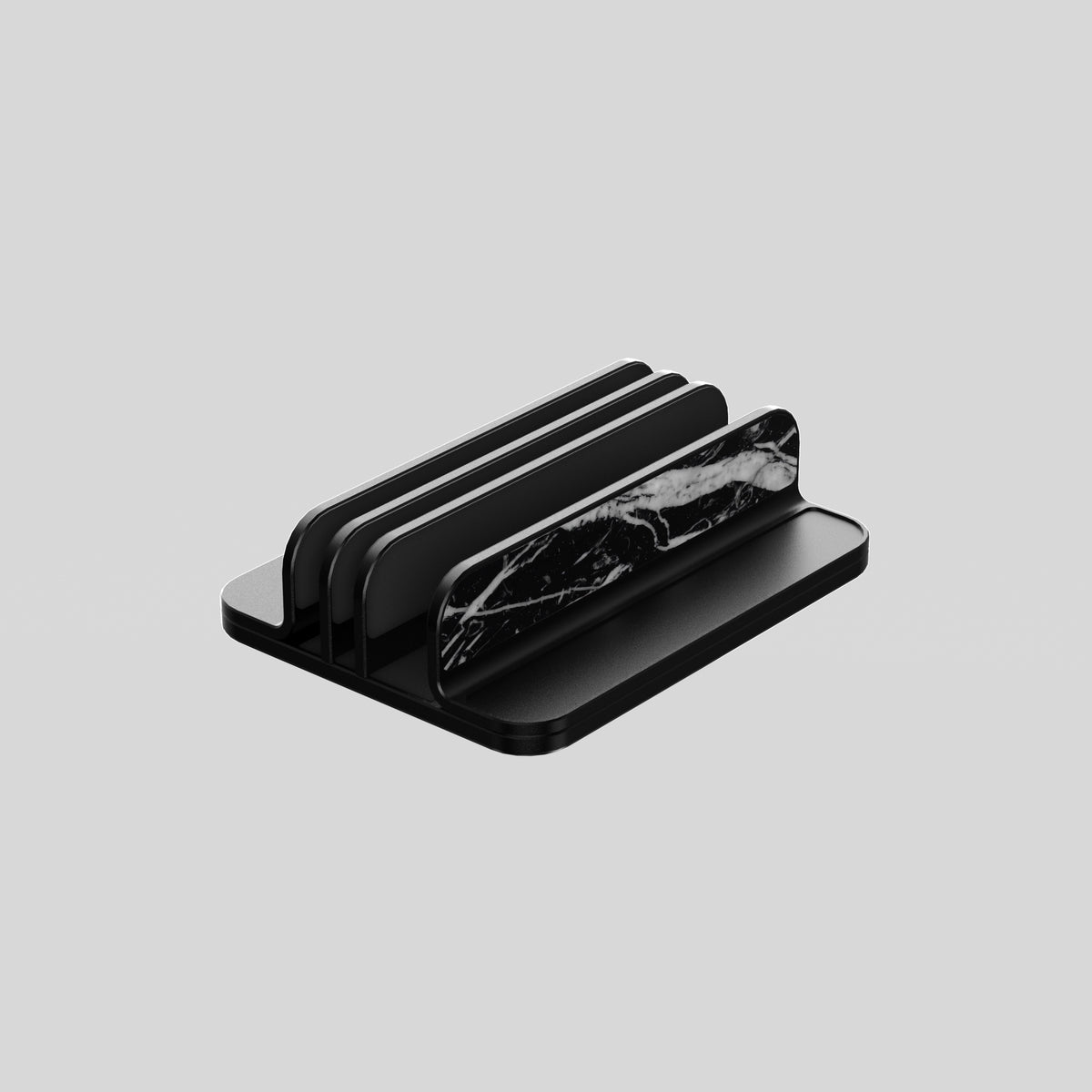 Marble Fusion Stand in Nero Marquina marble for MacBook and iPad, front view with both slots