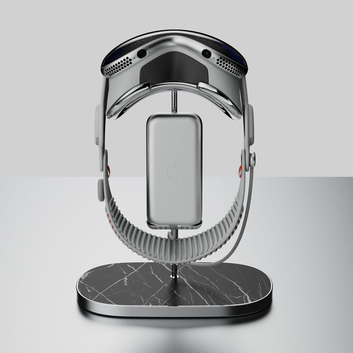 Ständer für Apple Vision Pro mit Fuß aus Nero Marquina Marmor, mit aufgesetzter Apple Vision Pro
