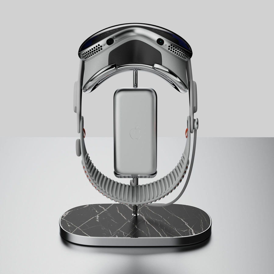 Stand for Apple Vision Pro with a Nero Marquina marble base, holding an Apple Vision Pro
