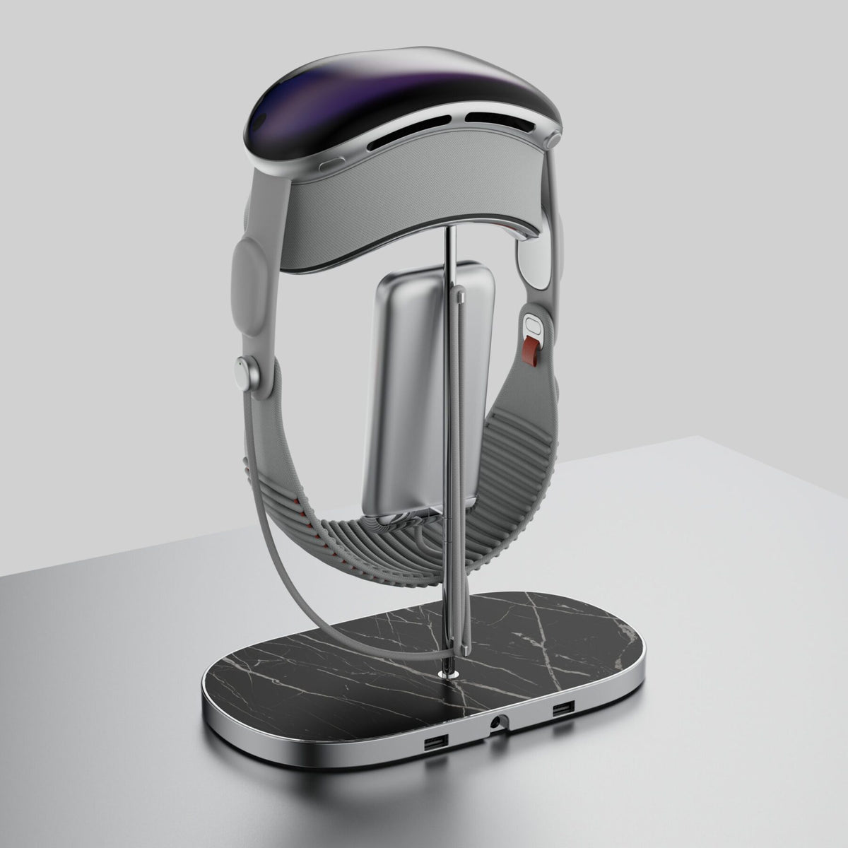 Soporte para Apple Vision Pro con base de mármol Nero Marquina, con un Apple Vision Pro, base de mármol en primer plano