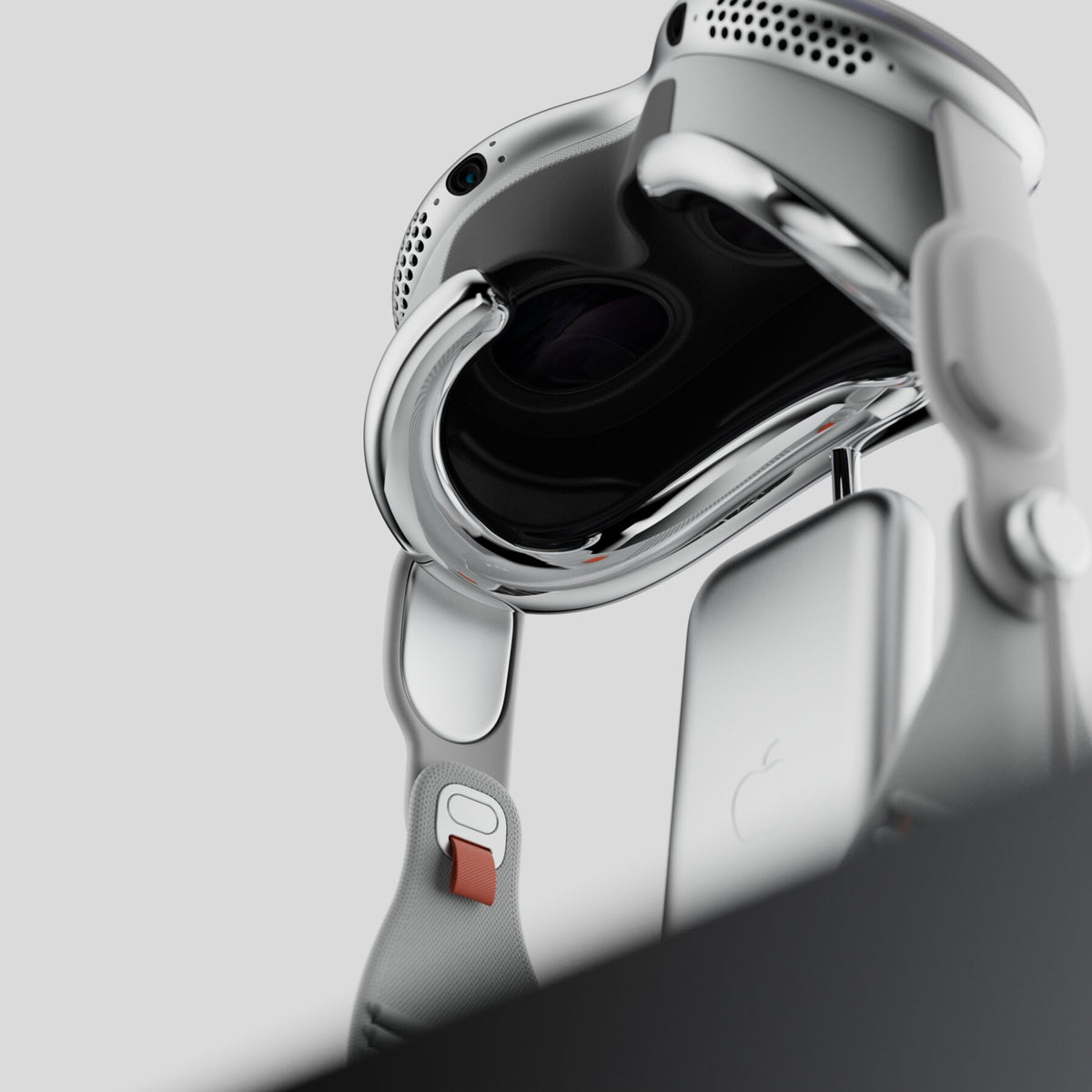 Ständer für Apple Vision Pro mit Fuß aus Nero Marquina Marmor, Nahaufnahme der Auflage mit Apple Vision Pro