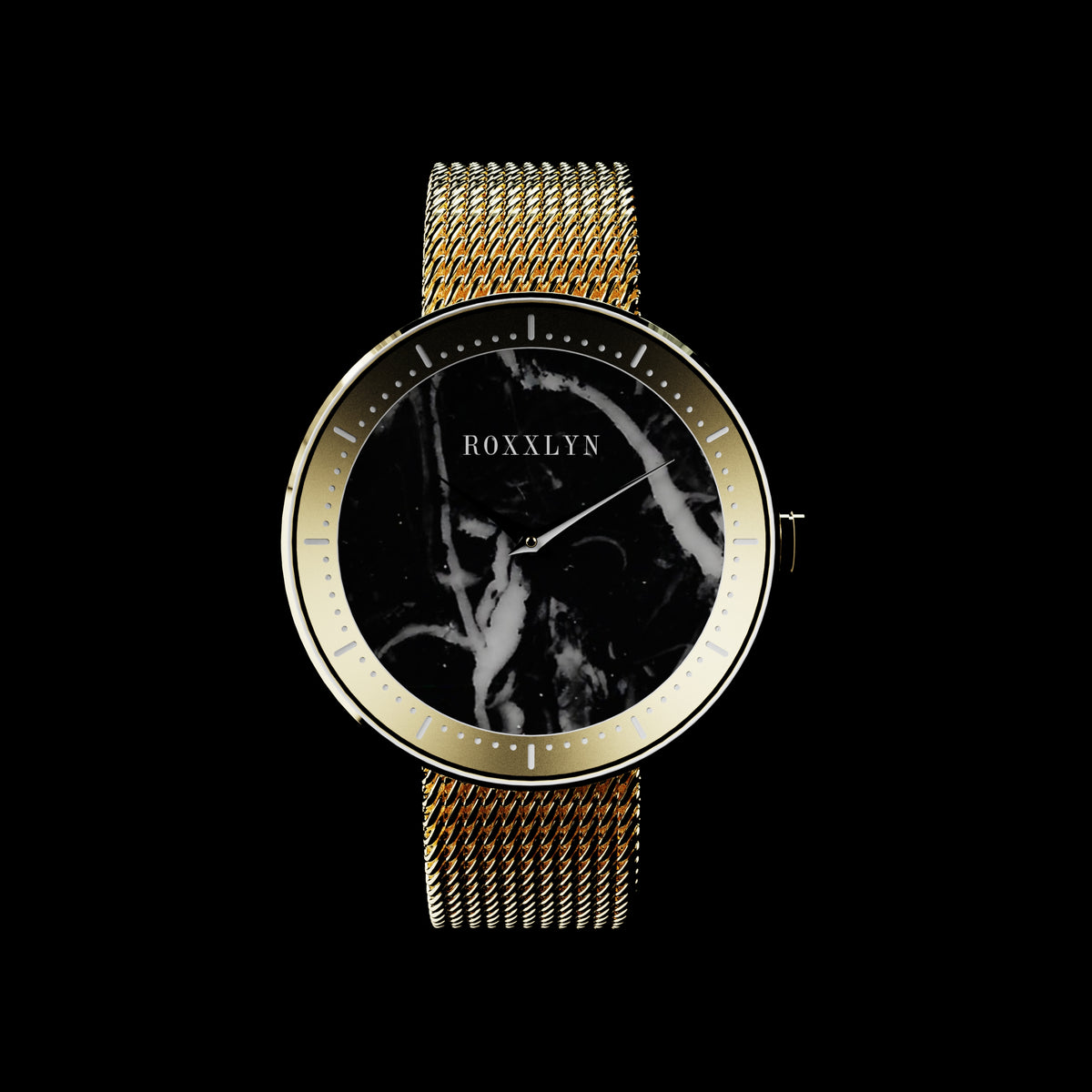 ROXXLYN Marble Watch mit Nero Marquina Zifferblatt und goldenem Milanaise-Armband, Zifferblatt von vorn