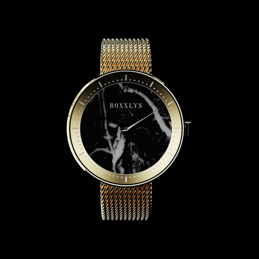 ROXXLYN Marble Watch mit Nero Marquina Zifferblatt und goldenem Milanaise-Armband, Zifferblatt von vorn