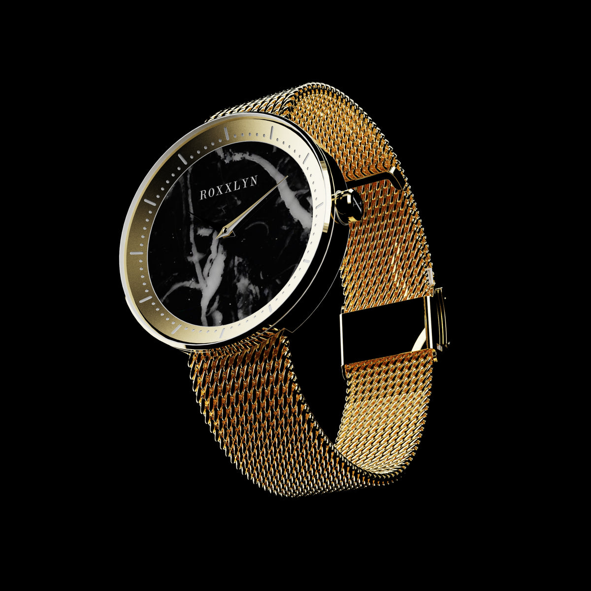 ROXXLYN Marble Watch mit Nero Marquina Zifferblatt und goldenem Milanaise-Armband, schräge Ansicht von Gehäuse und Armband