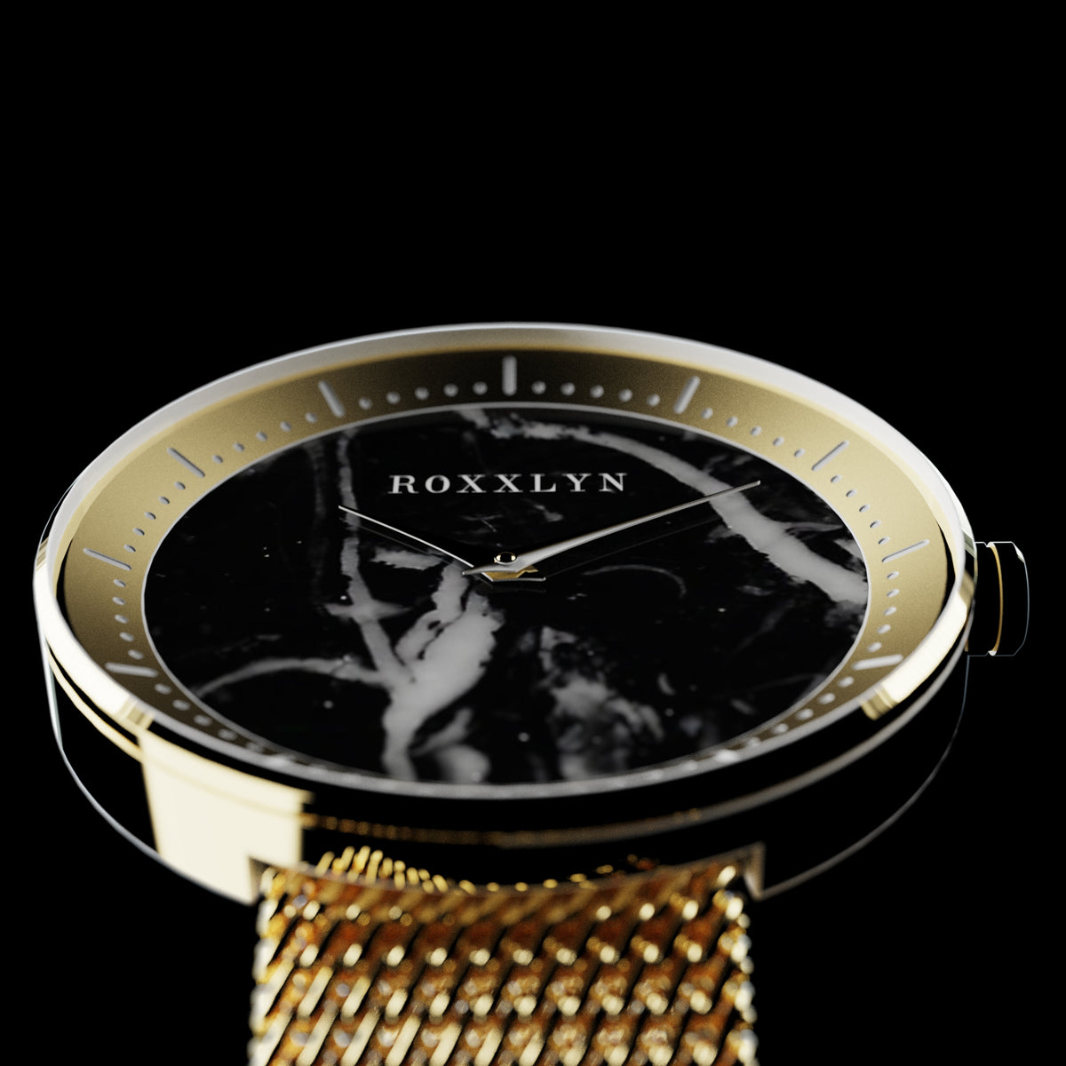 ROXXLYN Marble Watch mit Nero Marquina Zifferblatt und goldenem Milanaise-Armband, Nahaufnahme des Marmorzifferblatts