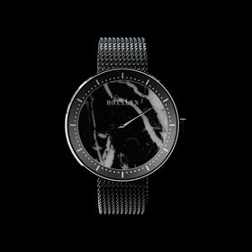 Reloj ROXXLYN Marble Watch con esfera de Nero Marquina y correa milanesa negra, esfera vista de frente