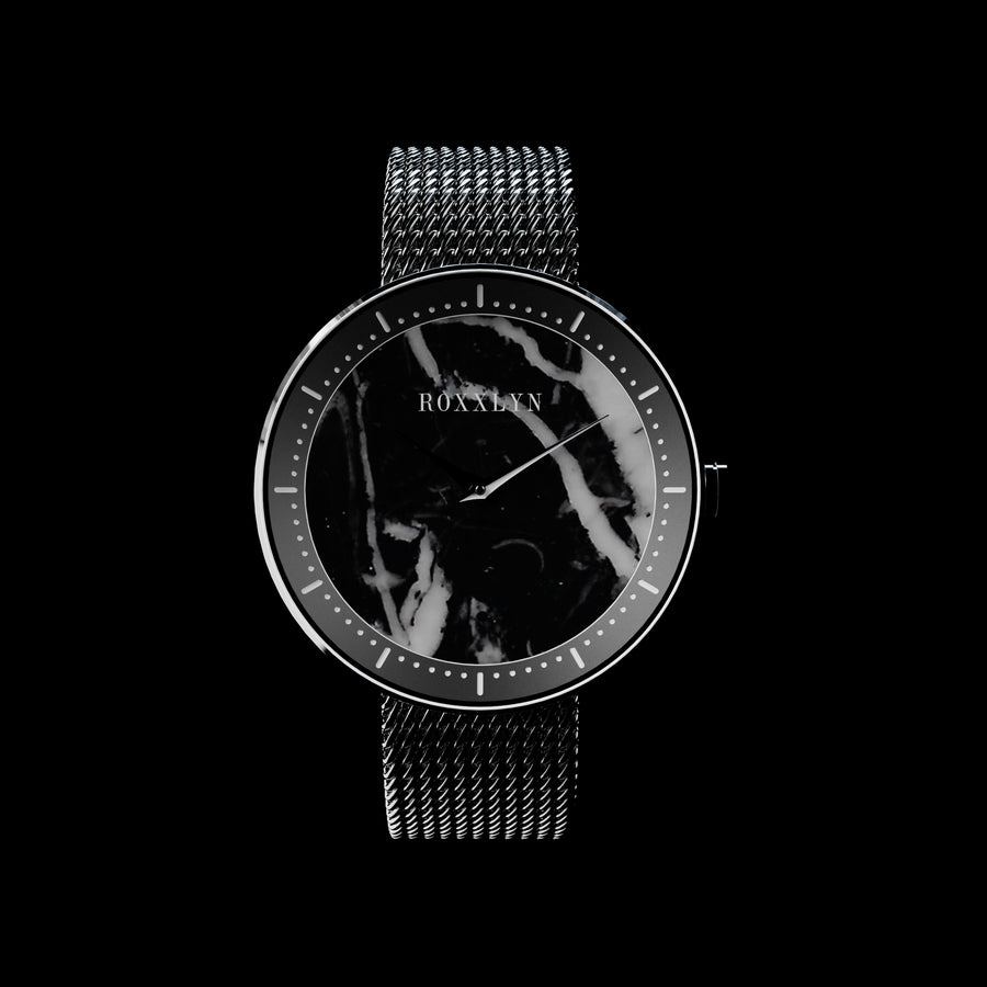 ROXXLYN Marble Watch with Nero Marquina dial and black Milanese strap, dial seen from the front