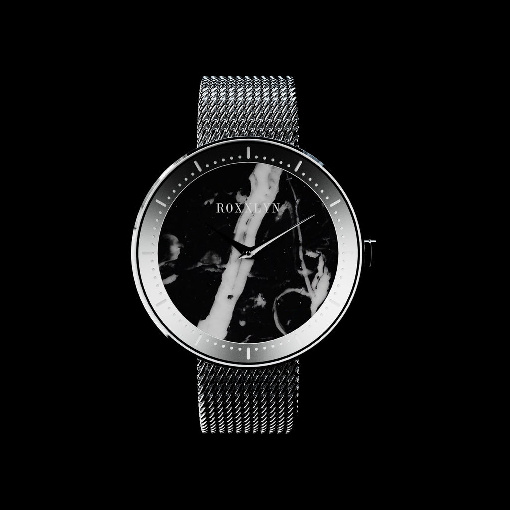 ROXXLYN Marble Watch mit Nero Marquina Zifferblatt und silbernem Milanaise-Armband, Zifferblatt von vorn