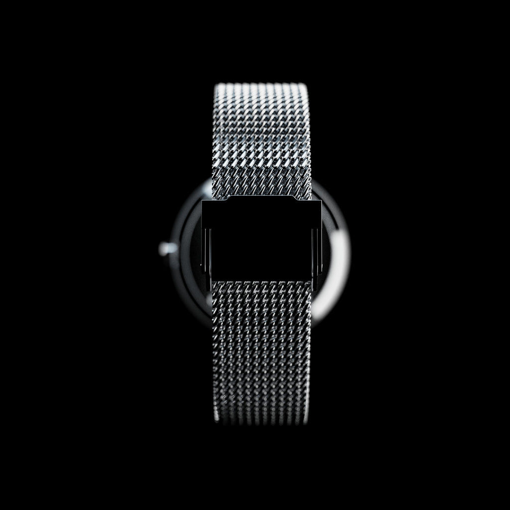 ROXXLYN Marble Watch mit Nero Marquina Zifferblatt und silbernem Milanaise-Armband, Milanaise-Armband mit Schließe