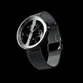 ROXXLYN Marble Watch with Nero Marquina dial and silver Milanese strap, angled view of case and strap