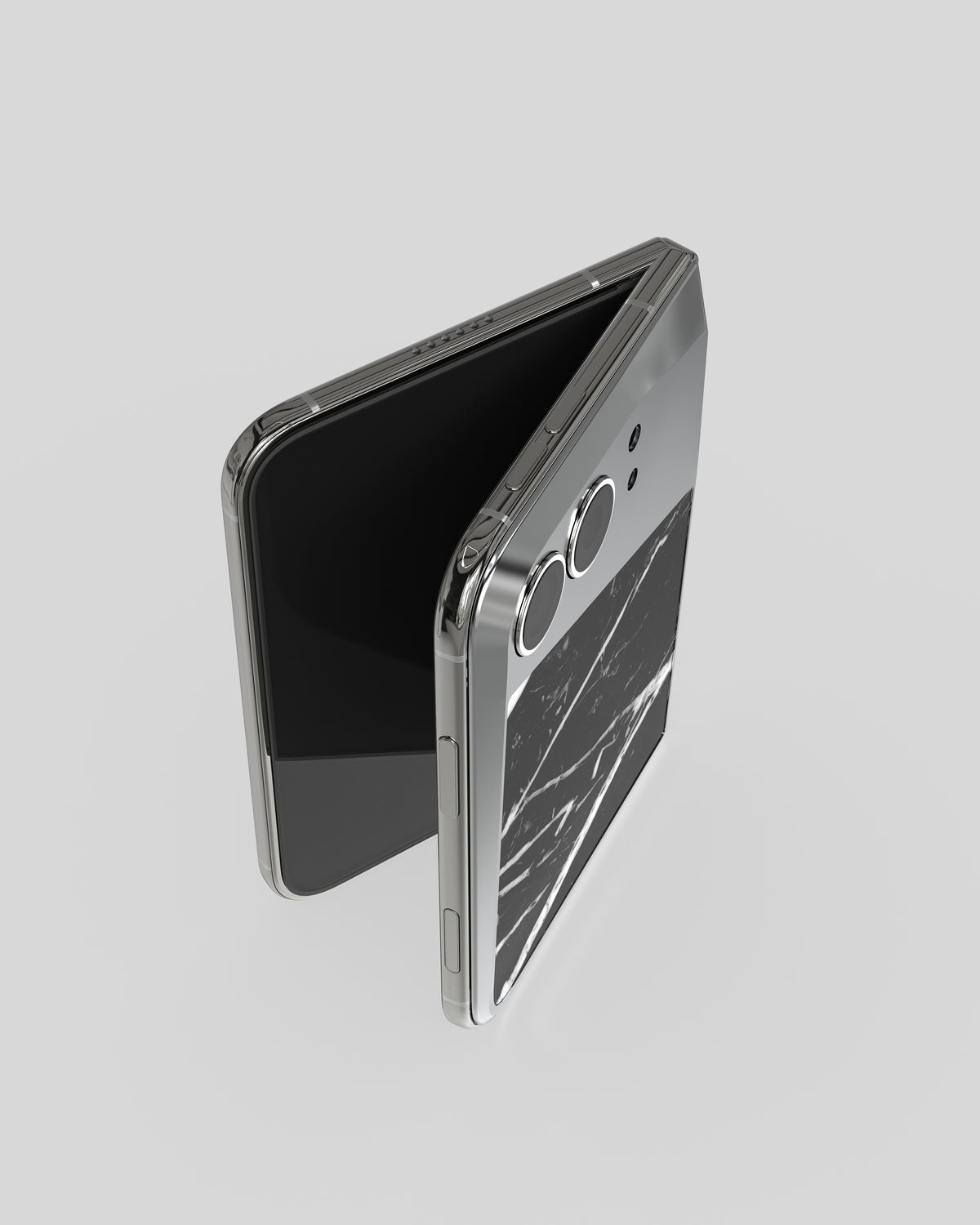 Marble Fusion Snap Nero Marquina on the iPhone Duo standing open, outer display and marble back