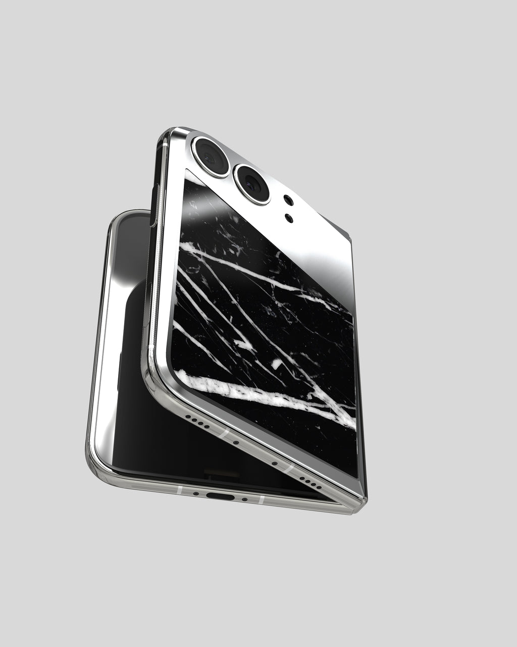 Marble Fusion Snap Nero Marquina on the opened iPhone Duo, view of the marble back and cameras