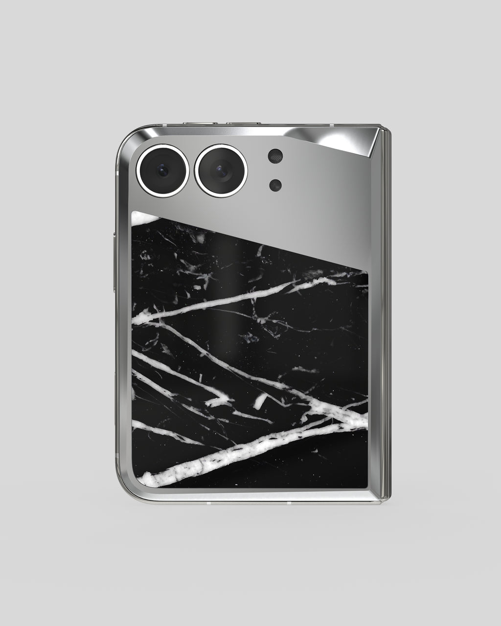Marble Fusion Snap Nero Marquina – back of the iPhone Duo straight on, polished aluminium camera deck, black marble veneer