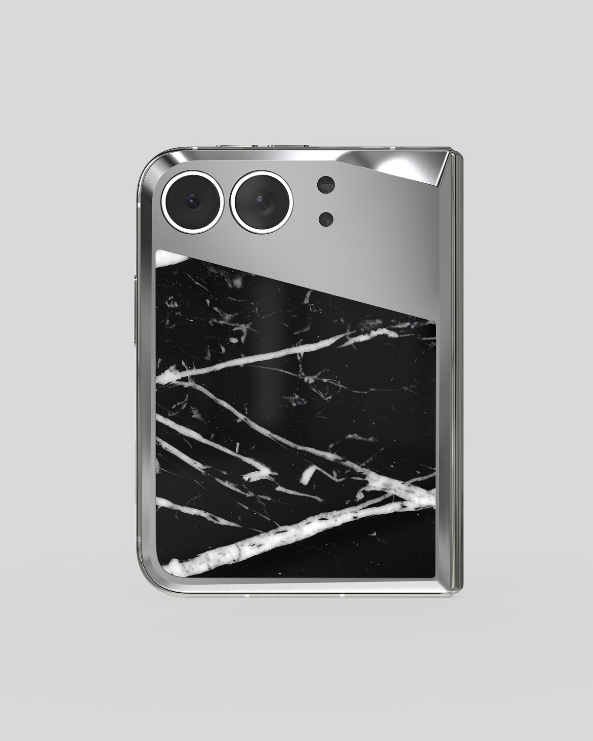 Marble Fusion Snap Nero Marquina – back of the iPhone Duo straight on, polished aluminium camera deck, black marble veneer