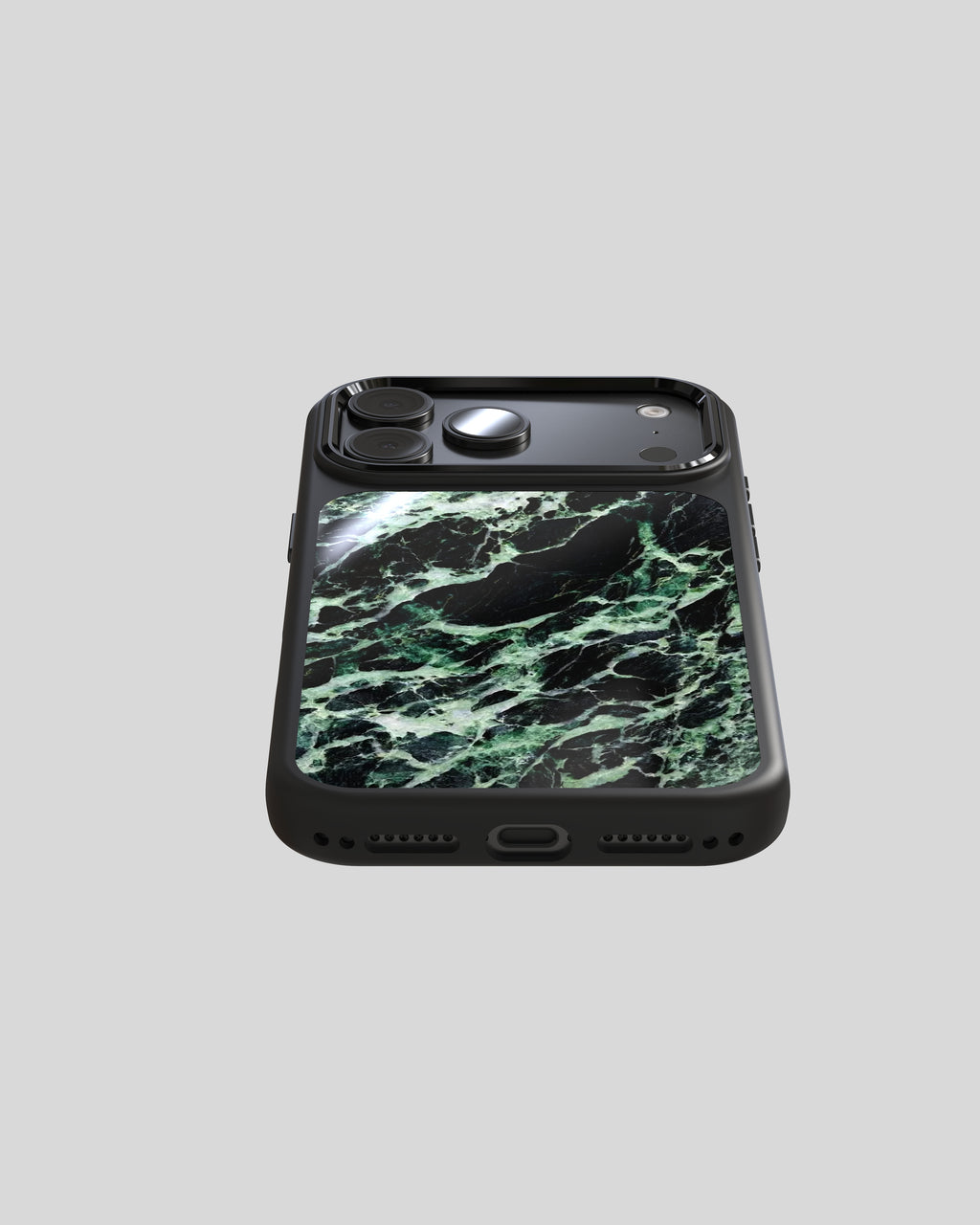 Marble Case Pro Verde Alpi, Seitenansicht mit Aluminiumtasten im schwarzen Rahmen