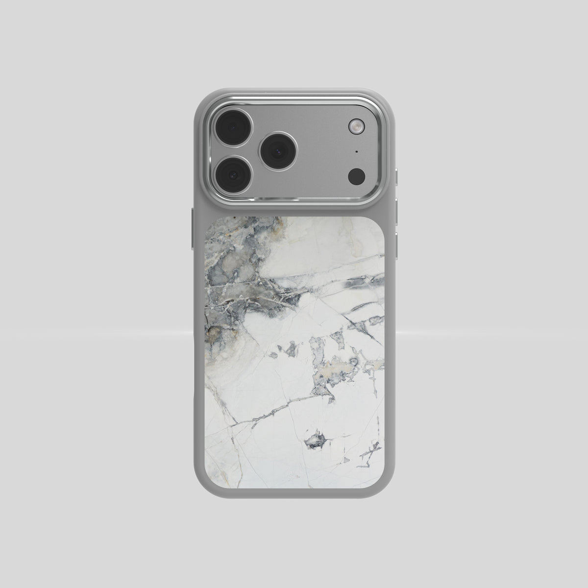 Marble Case Pro Invisible Grey on iPhone 18 Pro, white marble with grey veining and a silver aluminium lens ring, rear view