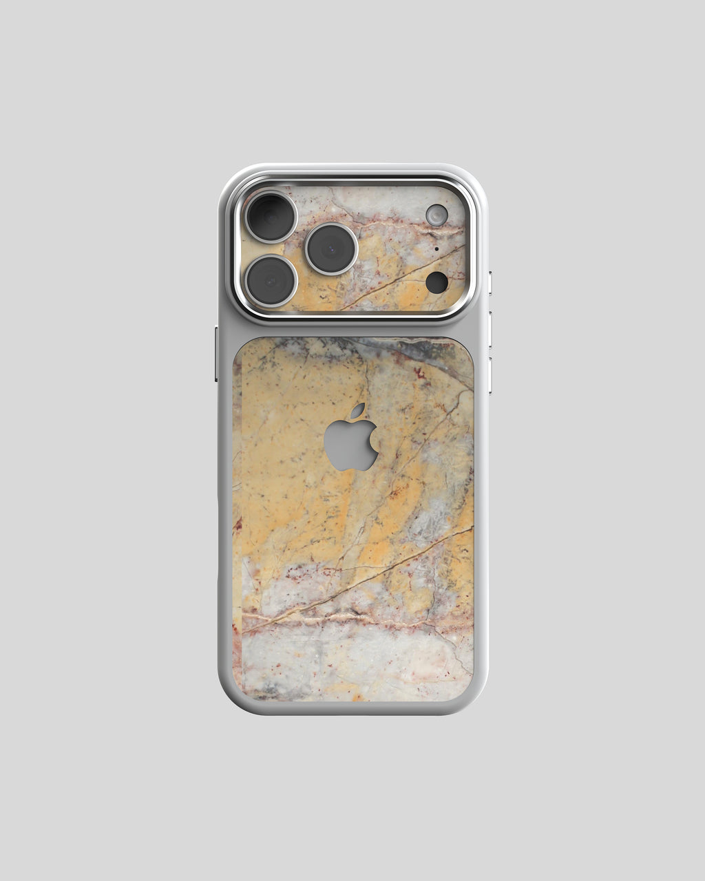 Marble Case Pro Invisible Grey Gold, back view: beige-grey marble with fine red veins in a silver frame, marble also on the camera plateau, Apple logo cut-out