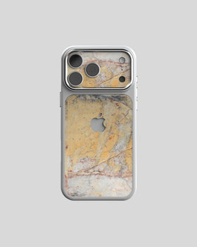 Marble Case Pro Invisible Grey Gold, vue de dos : marbre beige-gris aux fines veines rouges dans un cadre argenté, marbre aussi sur le bloc photo, logo Apple dégagé