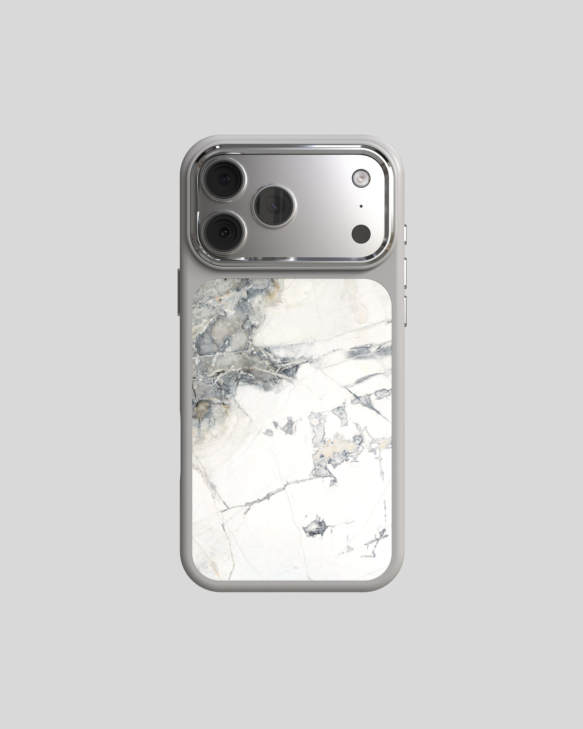 Marble Case Pro Invisible Grey, back: white marble with grey and warm veining, light grey frame, silver lens ring