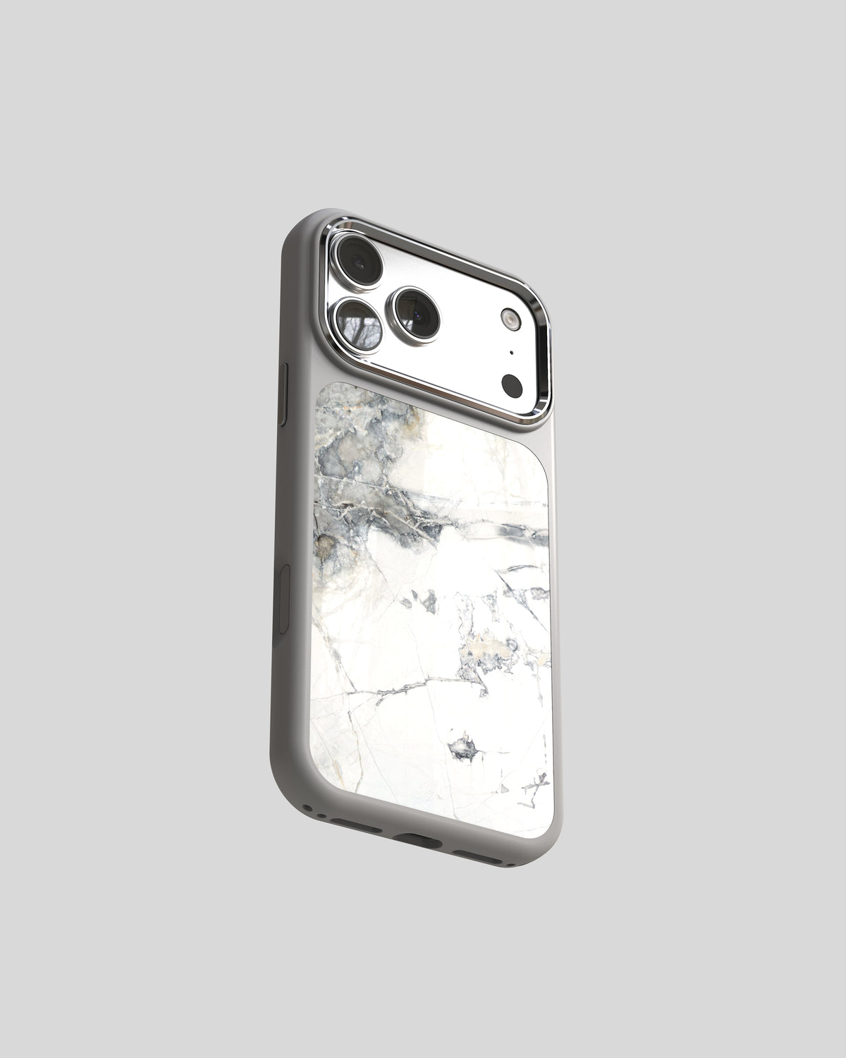 Marble Case Pro Invisible Grey, angled view with polished white marble and silver lens ring