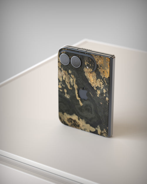 Slate Skin Transocean on the iPhone Duo, angled from above – camera plateau and hinge edge