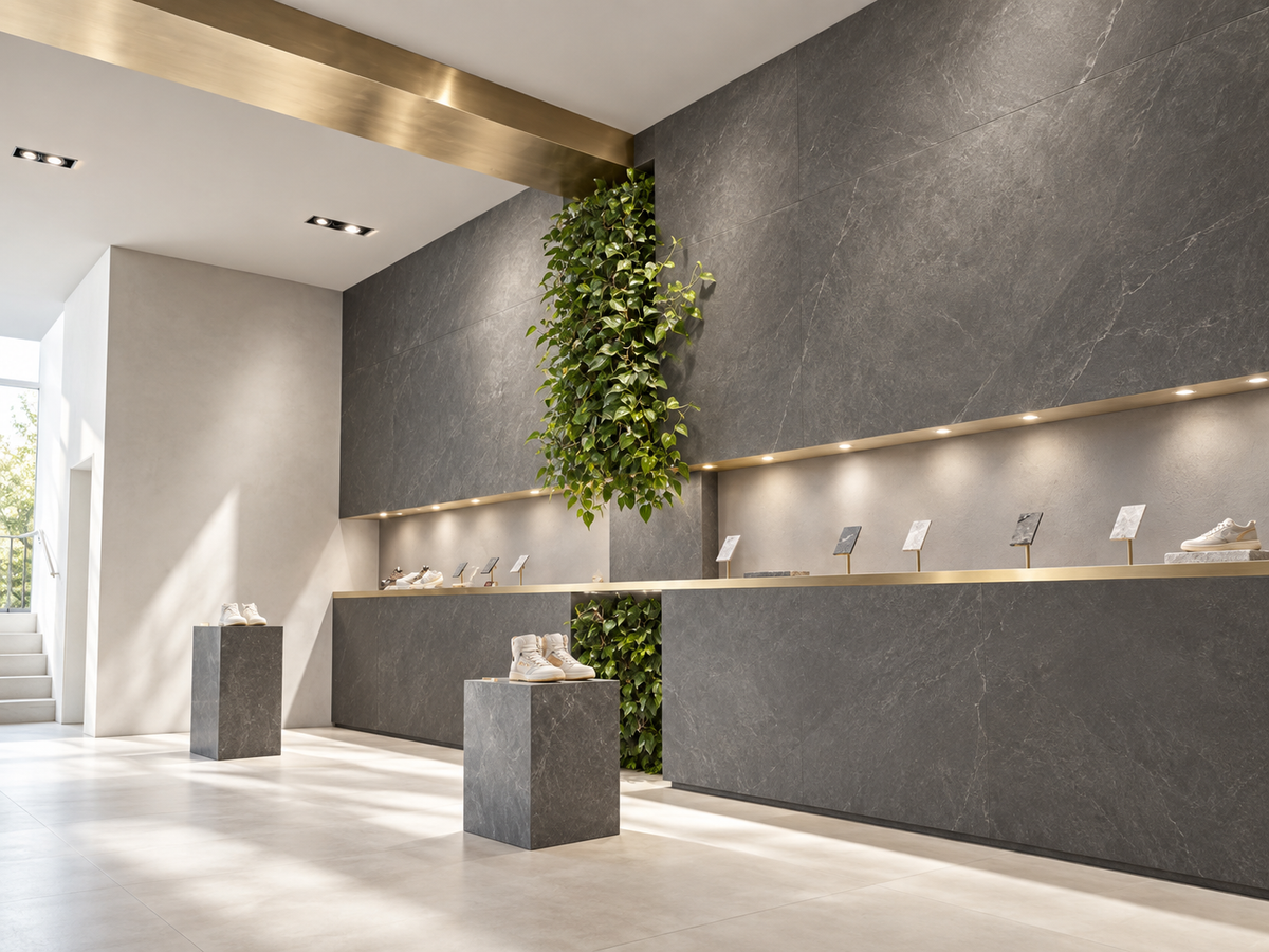 Studio von ROXXLYN in Berlin: Wände aus dunklem Naturstein, Messingträger und eine Pflanzenwand