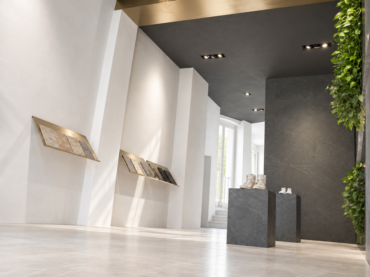 Studio von ROXXLYN in Berlin: Steinmuster auf Messingablagen, Sockel aus Naturstein und helles Licht
