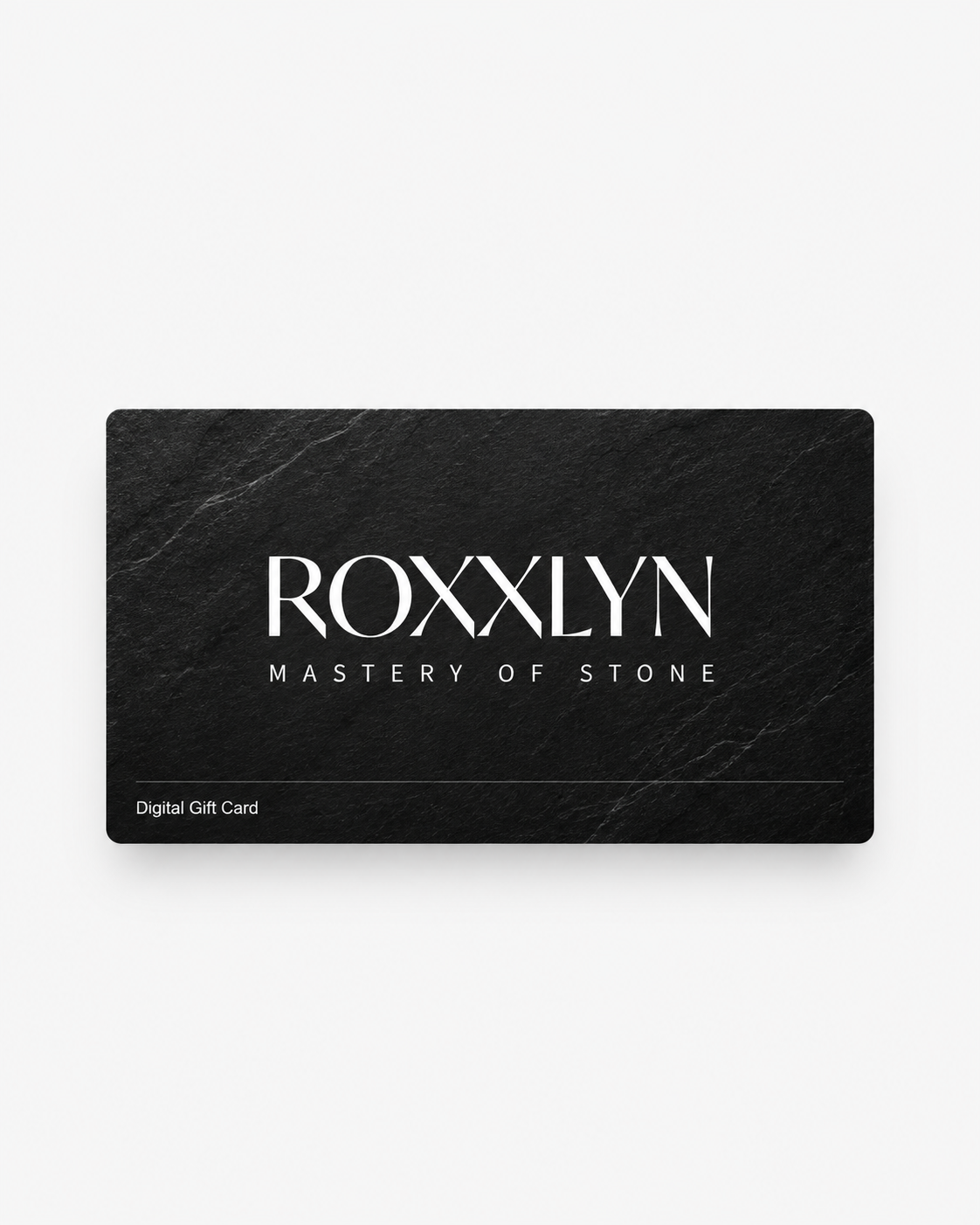 ROXXLYN Geschenkkarte mit dunkler Marmorstruktur, Produktansicht vor hellem Hintergrund