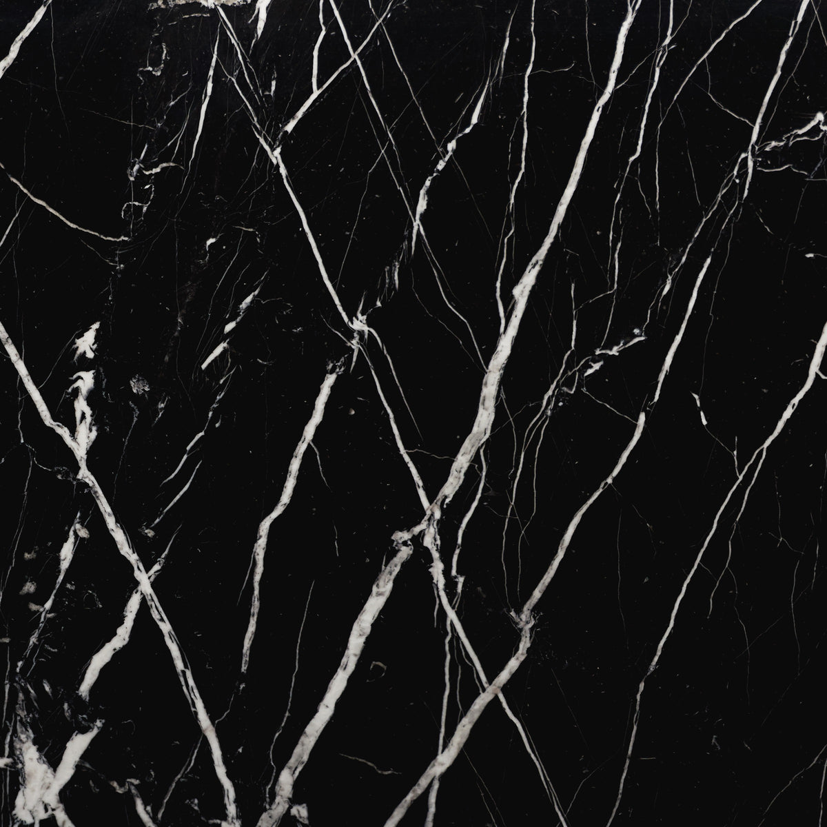 Nero Marquina: tiefschwarzer Marmor mit weißen Calcit-Adern, Nahaufnahme